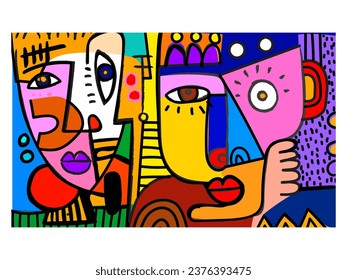 Coloridas caras abstractas retrato de línea de arte decorativo de ilustraciones vectoriales de mano dibujo arte de pared, tarjetas, cubierta, afiche, diseño de impresiones.