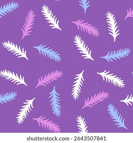 Colorful Abstract Feather Seamless Pattern on Purple Background