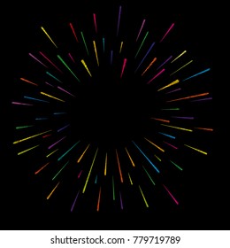 Colorful abstract festive firework shape. Burst light rays. Exploding graphic element. Embroidery numbers. Isolated on black background. Vector illustration