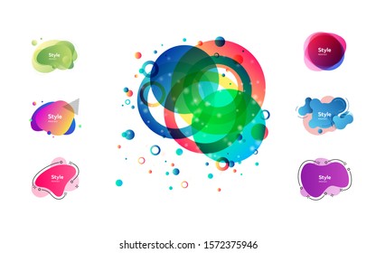 Colorful abstract figures set. Bright multicolored shapes with sample text. Trendy minimal templates for presentations, banners, flyers and posters. Vector illustration