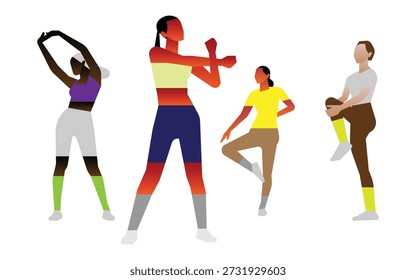 Colorful abstract figures stretching in dynamic poses.