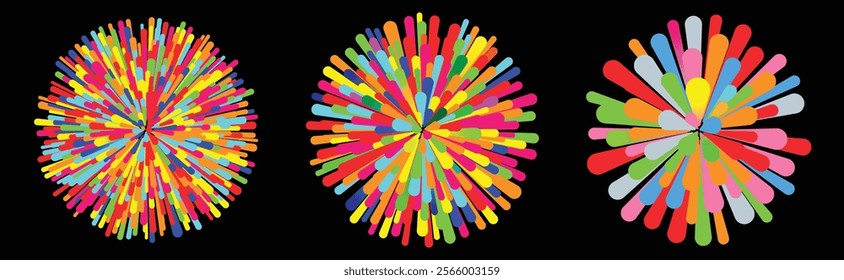 Colorful abstract firework-like bursts with radiating patterns in vibrant colors on a bold black background.

