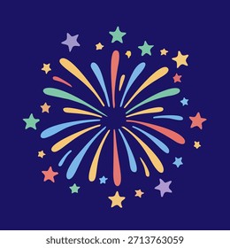 Colorful abstract fireworks exploding with stars on a dark blue background