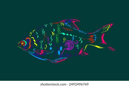 colorful abstract fish image on a navy blue background