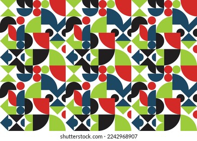 Farbiger abstrakter, flacher, geometrischer Hintergrund. Nahtlose Muster im Retro Bauhaus Stil in Grün, Blau und Schwarz. Dekorative Design-Elemente der Moderne. Vektorgrafik