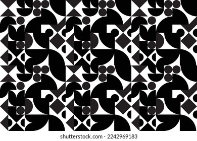 Colorful abstract flat geometric background. Seamless pattern retro Bauhaus style in black and white color. Decorative modernism design elements. Vector illustration