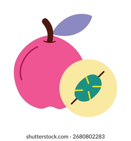 Um ícone plano colorido e abstrato de um pêssego ou ameixa. Este gráfico estilizado, mostrando a fruta inteira e um poço fatiado, é ideal para a comida criativa e conceitos alimentares saudáveis. 
