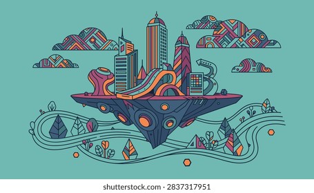 Colorful Abstract Floating Cityscape Utopia Illustration