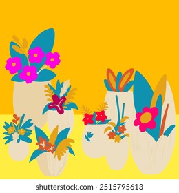 Colorful abstract floral background with a flower vase, featuring a seamless pattern of flowers and leaves in spring and summer hues.