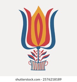 Colorful abstract floral design with red, orange, and blue petals. Decorative flower illustration with vibrant colors and abstract floral elements. Vintage art drawing, isolated vector element.