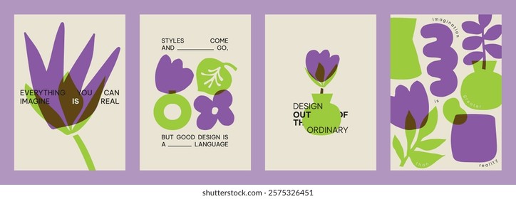 Colorful abstract floral designs with purple and green elements. Modern art style with bold shapes. Floral themes with purple and green accents. Creative floral poster template vector set.