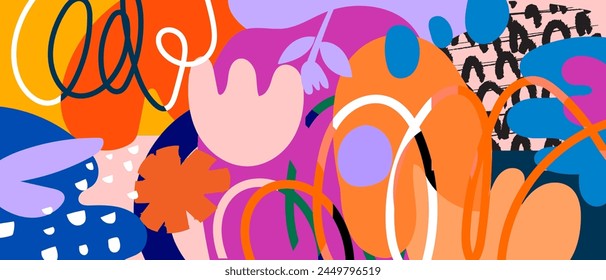 Colorful abstract floral organic, line art and shapes vector illustration background. Design for wall art, decoration, textile, fabric and print.