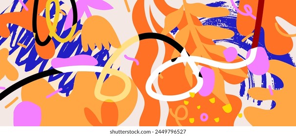 Colorful abstract floral organic, line art and shapes vector illustration background. Design for wall art, decoration, textile, fabric and print.