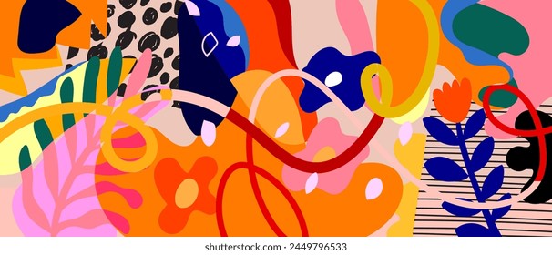 Colorido abstracto floral orgánico, arte de línea y Formas de fondo de Ilustración vectorial. Diseño para arte mural, decoración, textil, tela e impresión.