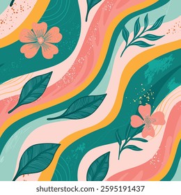Colorful abstract floral pattern with bold waves and natural elements in vibrant hues
