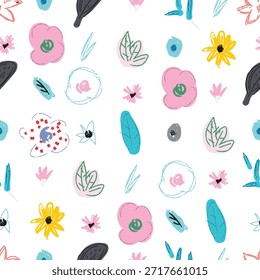 Patrón floral abstracto colorido con niño juguetón como flores y hojas dibujadas a mano, creando un fondo de garabato sin fisuras para proyectos de diseño creativo