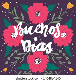 Colorful abstract floral pattern. Folk art vector background en spanish text - buenos dias - Good day en English