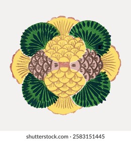 Colorful abstract floral pattern with green, yellow, and brown shapes. Symmetrical design with overlapping leaves and petals. Vibrant floral motif. Vintage Japanese illustration vector.