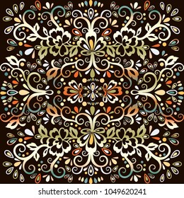 Colorful abstract floral pattern, vector wicker ornament. Multicolor ornate tracery in eastern style with a lot of curls, arabesque, decor element, print, oriental design, isolated on black background