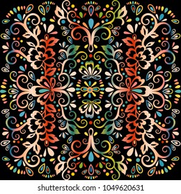 Colorful abstract floral pattern, vector wicker ornament. Multicolor ornate tracery in eastern style with a lot of curls, arabesque, decor element, print, oriental design, isolated on black background