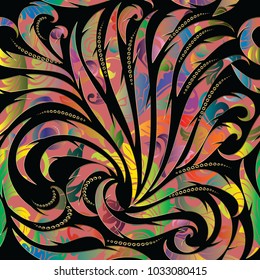 Colorful abstract floral seamless pattern. Vector background wallpaper with hand drawn fantasy flowers, leaves, shapes, lines, swirls, curves, dots and modern fan shaped ornaments. Design for fabric