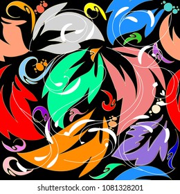 Colorful abstract floral seamless pattern. Vector ornamental patterned background. Multicolor abstract flowers, swirls, lines, leaves, shapes, polka dots, circles. Vintage bright ornaments for design