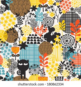 Colorful abstract floral seamless pattern. Crazy black cat with flowers.