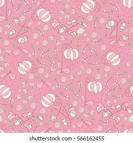 Colorful abstract floral seamless pattern hand-drawn on pink background. Pattern can be used for fabric, wallpaper or wrapping paper.