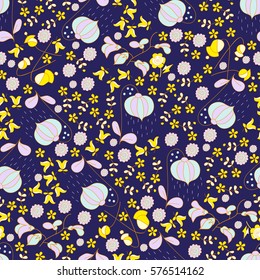 Colorful abstract floral seamless pattern hand-drawn on blue background. Pattern can be used for fabric, wallpaper or wrapping paper.