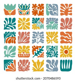 Colorful abstract floral tiles set. Matisse inspired abstract flowers and geometric shapes vector illustration.