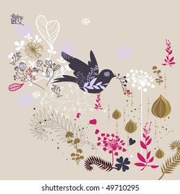 colorful abstract floral wallpaper with bird