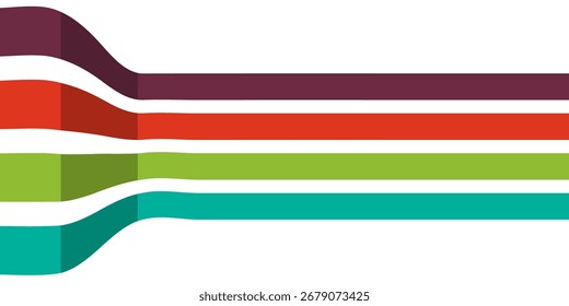 Farbiges abstraktes Flussdiagramm-Design mit gekrümmten horizontalen Streifen in Lila, Rot, Grün und Teal auf weißem Hintergrund, moderner Infografik.