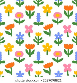 Colorido arte de flores abstractas sin patrón ilustración. Fondo floral de la naturaleza orgánica en estilo vintage. Textura de la decoración del collage de la estación de primavera, impresión del dibujo.