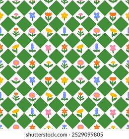 Colorful abstract flower art seamless pattern illustration. Checkered nature floral background in vintage style. Spring season mosaic tile decoration texture, geometric checker drawing print.