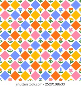 Colorful abstract flower art seamless pattern illustration. Checkered nature floral background in vintage style. Spring season mosaic tile decoration texture, geometric checker drawing print.