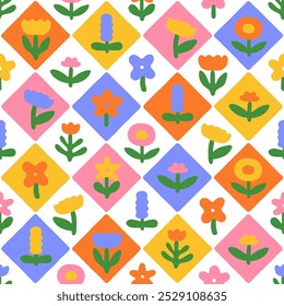 Colorful abstract flower art seamless pattern illustration. Checkered nature floral background in vintage style. Spring season mosaic tile decoration texture, geometric checker drawing print.