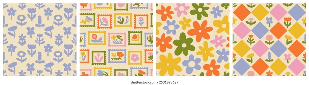 Colorido abstrato flor arte sem costura conjunto de padrões. Fundo floral de natureza xadrez em estilo vintage. primavera temporada post cartão selo adesivo decoração textura, desenho geométrico coleção de impressão.