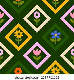 Colorful abstract flower art seamless pattern design.