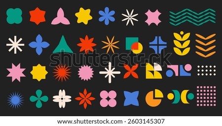 Colorful abstract flower and geometric shape icons in retro modern and neo brutalist style set on a dark background,for bold design, branding, web elements, and decorative graphics.Vector illustration