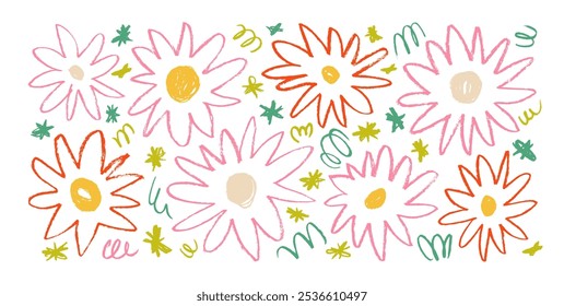 Colorful abstract flower heads drawn with a crayon. Cute naive chamomile or daisy flowers. Hand drawn vector doodle illustrations. Cute pencil botanical drawings. Primitive style childish sketches