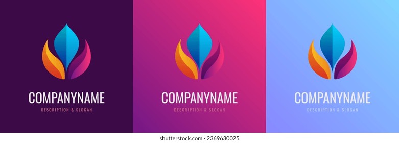 Colorful abstract flower logo with yellow, blue and pink leafs, minimal style