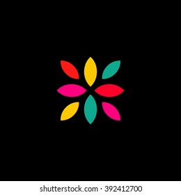 Colorful Abstract Flower Petal, Fruit And Leaves. Digital Logo. Vector Isolated Circle Logotype. 