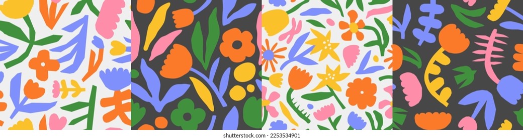 Colorful abstract flower seamless pattern illustration set. Children style floral doodle background collection, funny basic nature shapes wallpaper. Spring nature art print, vintage flowers texture.