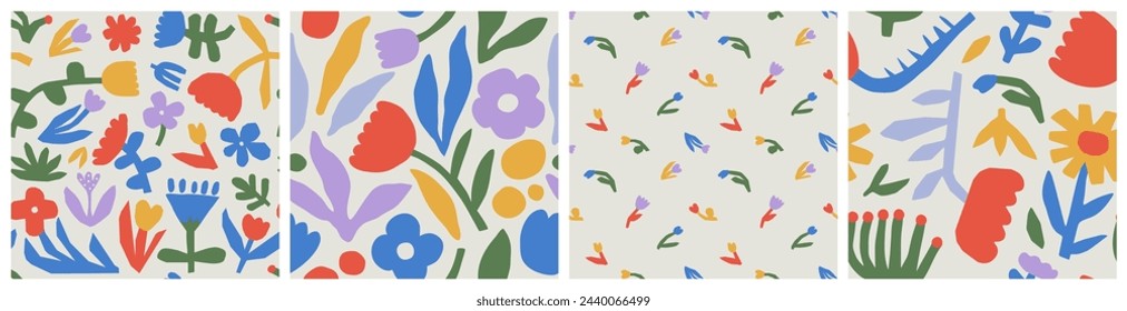 Conjunto de ilustración de patrón sin costura de flor abstracta colorida. Colección de fondo de doodle floral estilo infantil, divertida naturaleza básica formas fondo de pantalla. Impresión del arte de la naturaleza de la primavera, textura de flores vintage.