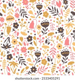 Colorful abstract flowers background. Decorative cute plant silhouettes seamless pattern.