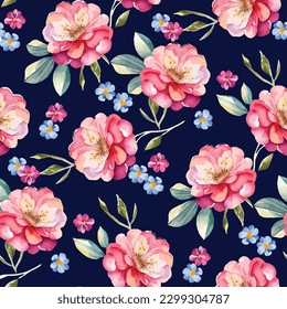 Colorful abstract flowers with leaves arrangement on a dark background. Seamless pattren design textile.