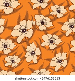 Colorful abstract flowers with leaves arrangement on a white background. Seamless pattern design textile.