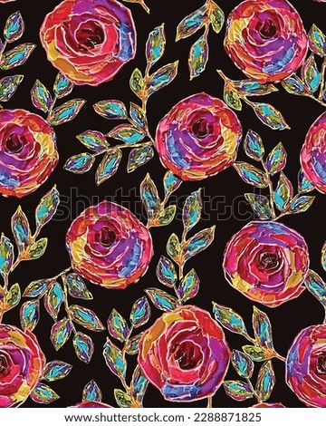 Colorful abstract flowers and leaves arrangement on a dark color background.Seamless pattern.
