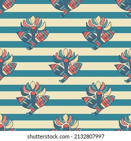 Colorful abstract flowers on a background of teal and cream horizontal stripes. Seamless repeat vector pattern. Great for fashion, textiles, surface textures, giftwrap, wallpaper.