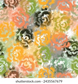 Colorful abstract flowers on a yellow backgraund. Contemporary art seamless texture in hand-drawn style. Flowers, lines and dots.